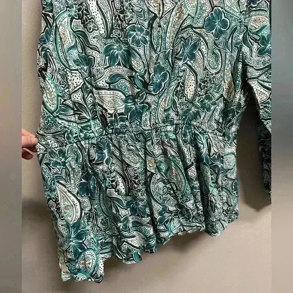 Lane Bryant Long Sleeve Peasant Top Blouse w/ Cinched Waist | Blue & Gold | 14 - Picture 10 of 12